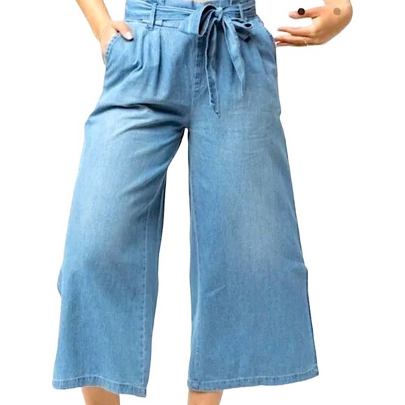 Rewash Pants - Rewash Chambray Paper Bag Waist Wide Leg Pants